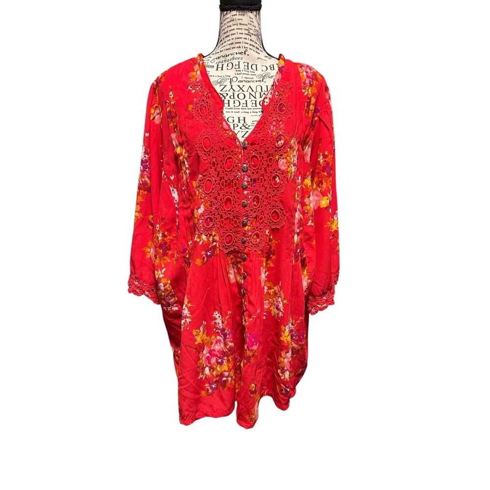 Roaman's Womens Blouse SZ 24W Tropical Floral Coral Lace Bib Resortwear